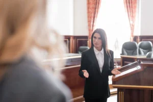 A lawyer arguing a point in a court room.
