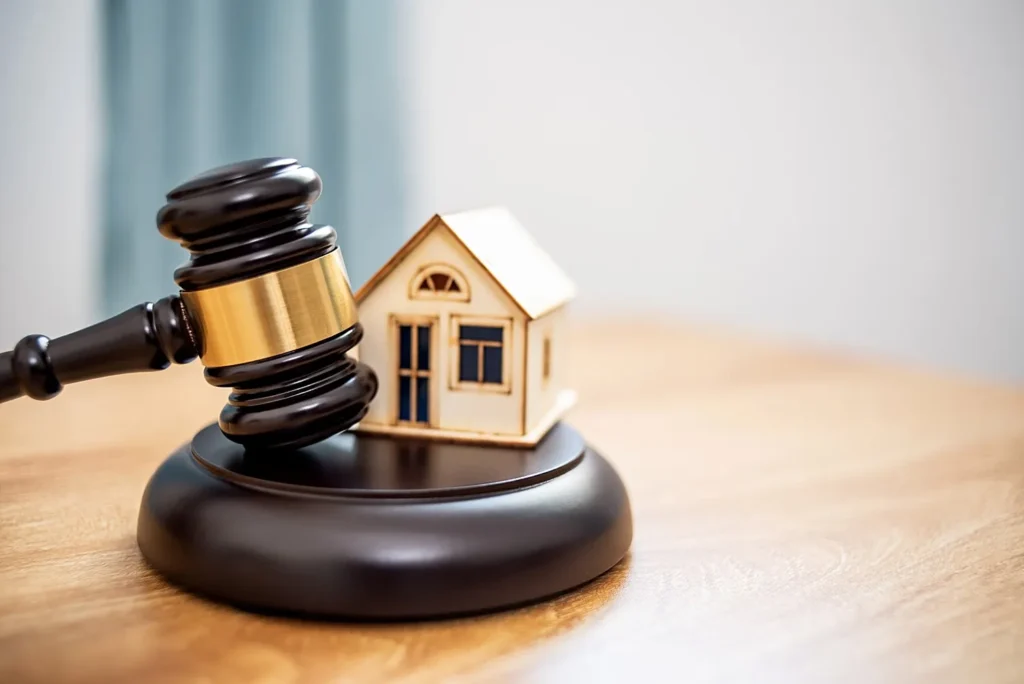 A gavel sitting next to a miniature house symbolizing probate.